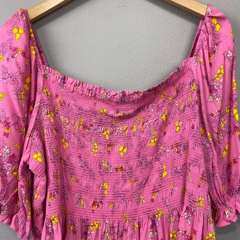 Scoop Pink Floral Cropped Blouse Size XXL Smocked Peplum Top Square Neck Cottage - Picture 10 of 12